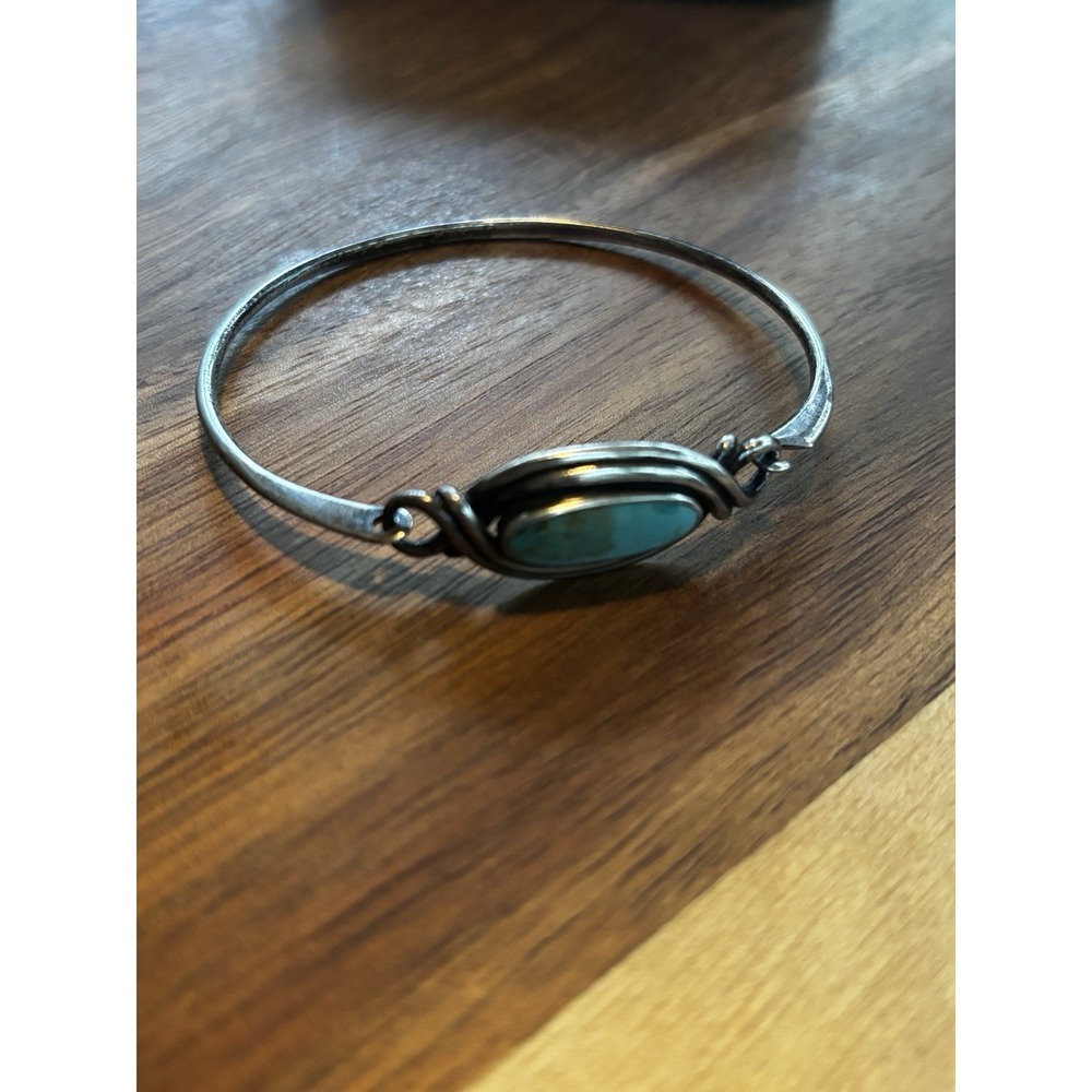 Vintage Sterling Silver & Turquoise Swirl Bangle Bracelet Hook Clasp